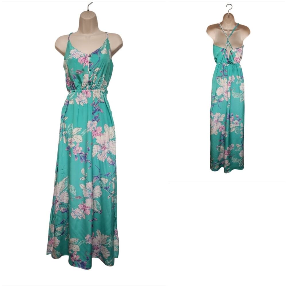 Yumi Kim Multicolor Teal Floral Open Back Maxi Dress Size Large NWT